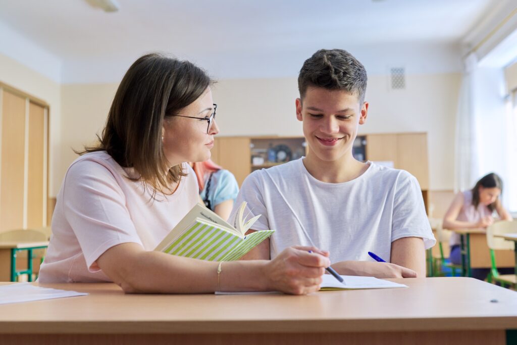Female teacher sitting with male student in classroom 