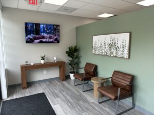Chairs and lobby at entrance of Vivos Academy
